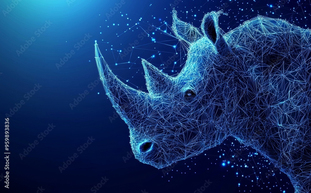 Poster illustration of a modern rhino using lines and triangles, connected by a network of points.