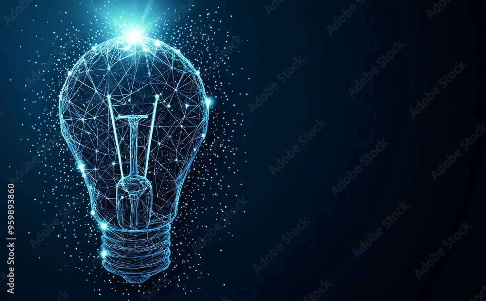 Poster Illustration of a brain in a lightbulb made of lines and triangles. Blue background with point connecting networks.