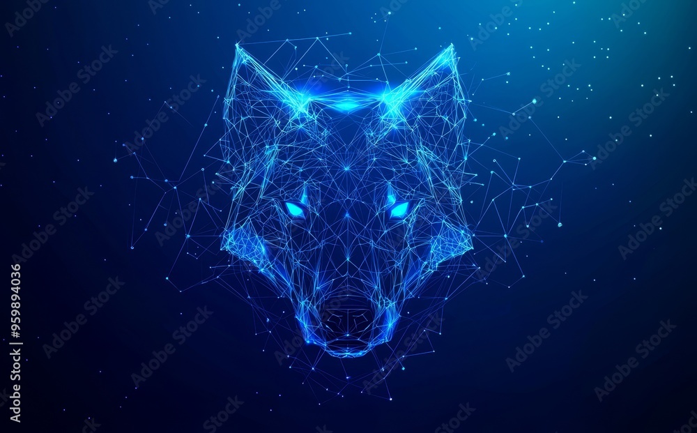 Aufkleber the wolf with lines and triangles, connected by a point connecting network on a blue background.