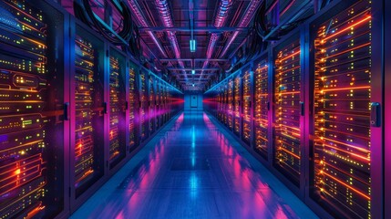 Fototapeta premium A Vivid Glimpse Inside a High-Tech Data Center with Rows of Glowing Servers and Cables