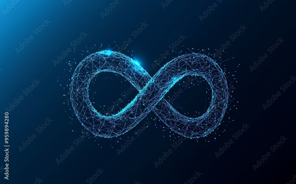 Poster a modern infinity icon from lines and triangles connecting to a blue background. illustration of a p