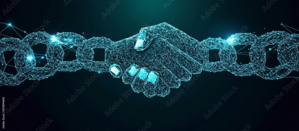 Aufkleber a blue modern illustration of hands chain link internet hyperlink connection in a blockchain technol