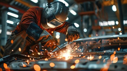 Fototapeta premium An Expert Welder Crafting Precision Parts Amidst Sparks and Efforts in a Vibrant Repair Shop