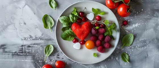 A plate of fresh fruit and vegetables, including heart-shaped strawberries, raspberries, cherry tomatoes and basil, on a concrete surface.