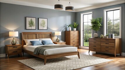 Fototapeta premium Clean-lined and minimalist, this bed frame, paired with a sleek dresser and matching nightstand, creates a calm and