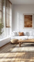 Illustration of Tranquil Minimalist Living Room with Natural Sunlight