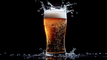 The moment of a beer splash captured in a refreshing, invigorating style, with the glass and liquid appearing cool and crisp
