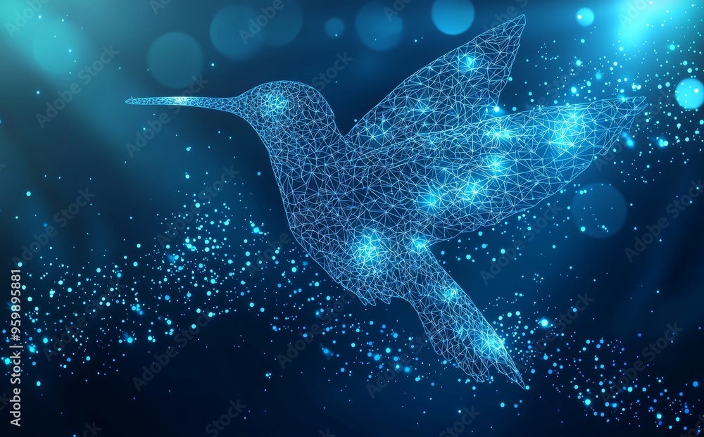 Poster modern abstract illustration of a hummingbird forming lines and triangles, with points connecting to