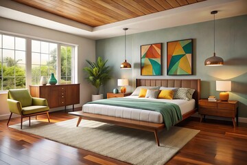 Fototapeta premium Clean lines and minimalist silhouettes of modern furniture blend gently with the textured, muted tones of abstract art