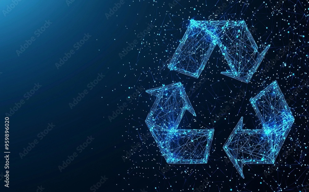Poster graphite abstract recycling sign with lines and triangles, point connecting network on blue backgrou