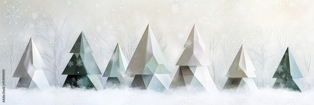 Poster The serene winter forest features abstract geometric trees in various sizes, blending harmoniously with the snowy background. Generative AI