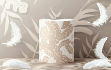 Toilet paper roll package in wrapping with branding and white feathers
