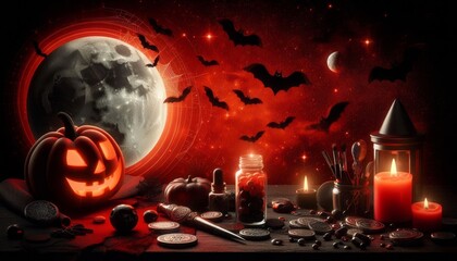 A lit jack-o-lantern sits on a table with various Halloween decorations, including a jar of red potion, a candle, and a dagger, with a full moon and bats in the background.