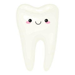 Image of cute white tooth with eyes and smile. Congratulatory banner for World Dentist Day. White, healthy tooth with roots. Feeling fresh. Vector illustration for dentists.