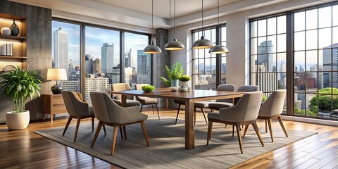 Fototapeta premium Slender, streamlined modern chairs sport soft, padded upholstery in the spacious dining area of a trendy city