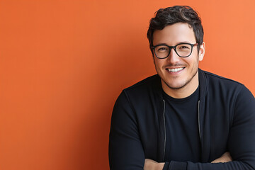 Obraz premium Portrait of stylish and smiling young man exuding happiness, confidence, and positive energy in professional studio setup background, showcasing modern fashion and charismatic personality