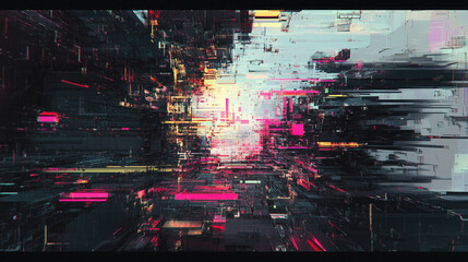 cyberspace distorted technical glitch difficulties screen black yellow fuchsia pink blue