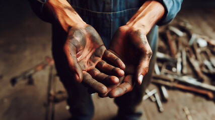Close-up of dirty hands of worker after hard day's work