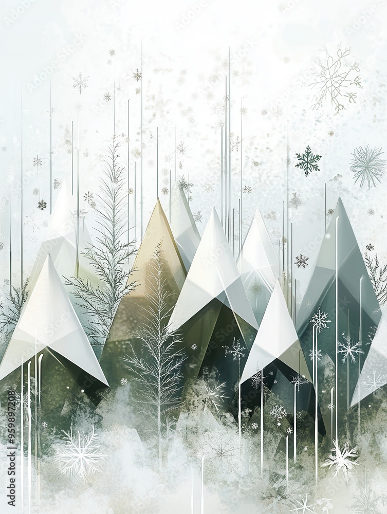 Poster a collection of christmas trees made from abstract triangles fills the winter forest landscape, crea