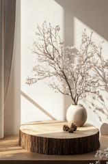 Stylish Product Display Using an Empty Wood Podium for a Warm and Earthy Look