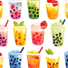 Seamless Pattern of Colorful Boba Tea Drinks with Fruit Toppings