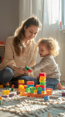 Fototapeta premium Woman and child building with colorful blocks on a rug
