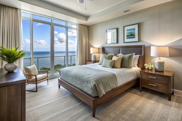 Fototapeta premium Contemporary beach condo furniture in soothing shades of blue and white creates a calm atmosphere, with ocean views