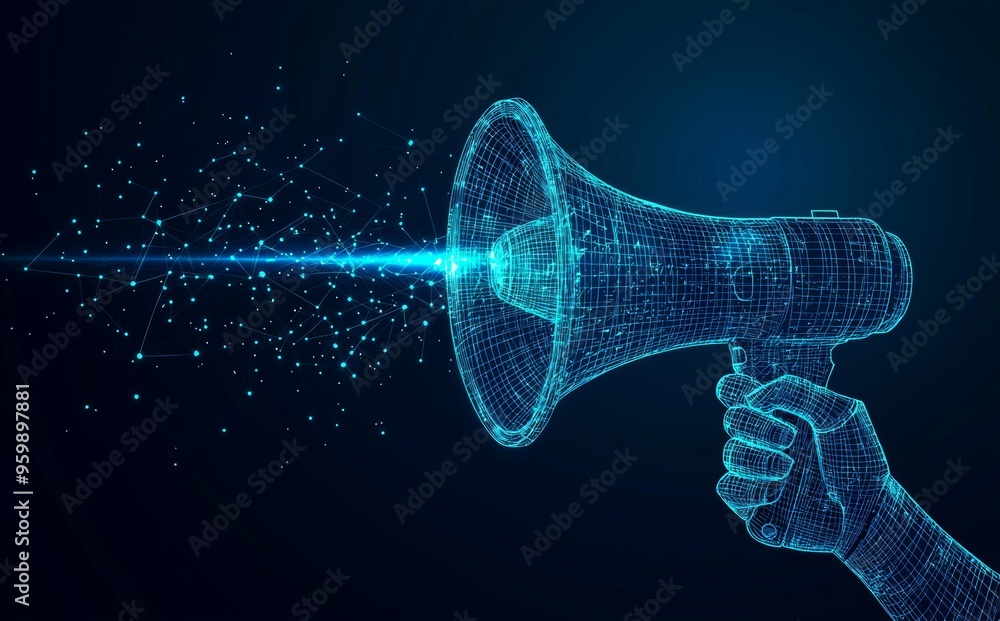 Poster on a blue background, a hand holds a flashlight to form lines and triangles, connecting points in a 