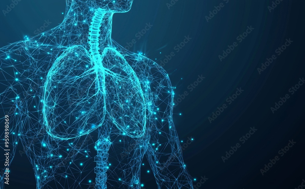 Poster the anatomy of the human lungs is represented on a modern blue background with lines and triangles f