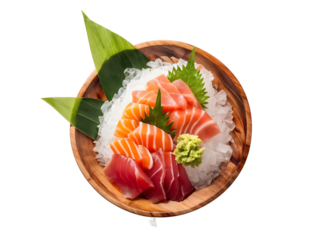Sashimi in wooden plate. Isolated transparent background. Top view, flat lay
