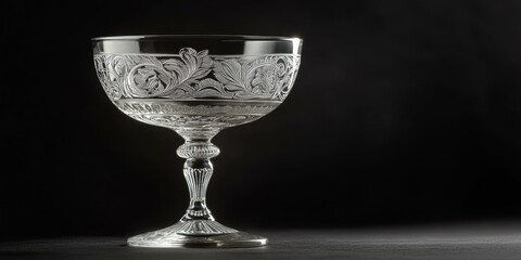 Ornate, etched, crystal goblet on black background.
