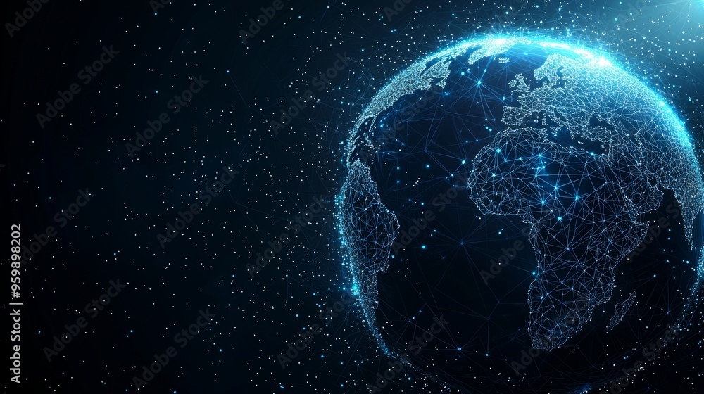 Poster world globe and blockchain polygon peer-to-peer network futuristic hud background. global cryptocurr