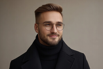 Obraz premium Portrait of stylish and smiling young man exuding happiness, confidence, and positive energy in professional studio setup background, showcasing modern fashion and charismatic personality