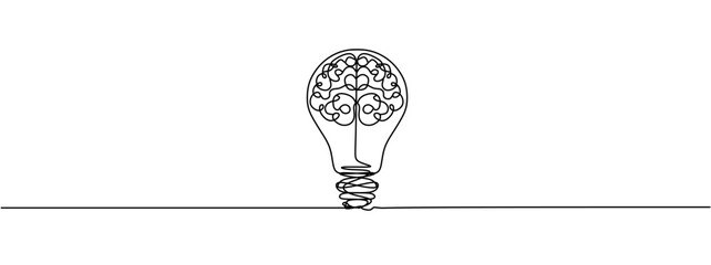 Single continuous line drawing of light bulb with human brain. Creative brain Idea concept with light bulb and brain