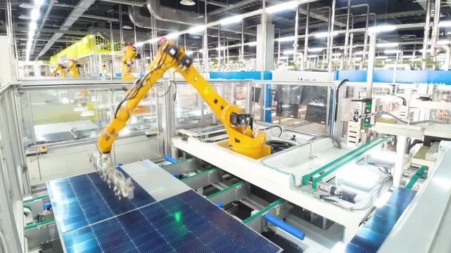 Automated solar panels being moved by robot arms on conveyor belts during high tech production process in renewable energy factory, Photovoltaic cells being placed on assembly lines.