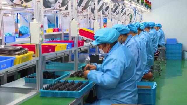Female Electronics Factory Workers producing in Blue Work Coat Protective Assembling Printed Circuit Boards for Smartphones Mobile phone. High Tech Factory with more Employees assemble and test mobile
