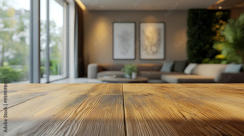 Poster empty rustic wooden table background with blurred living room background - background image