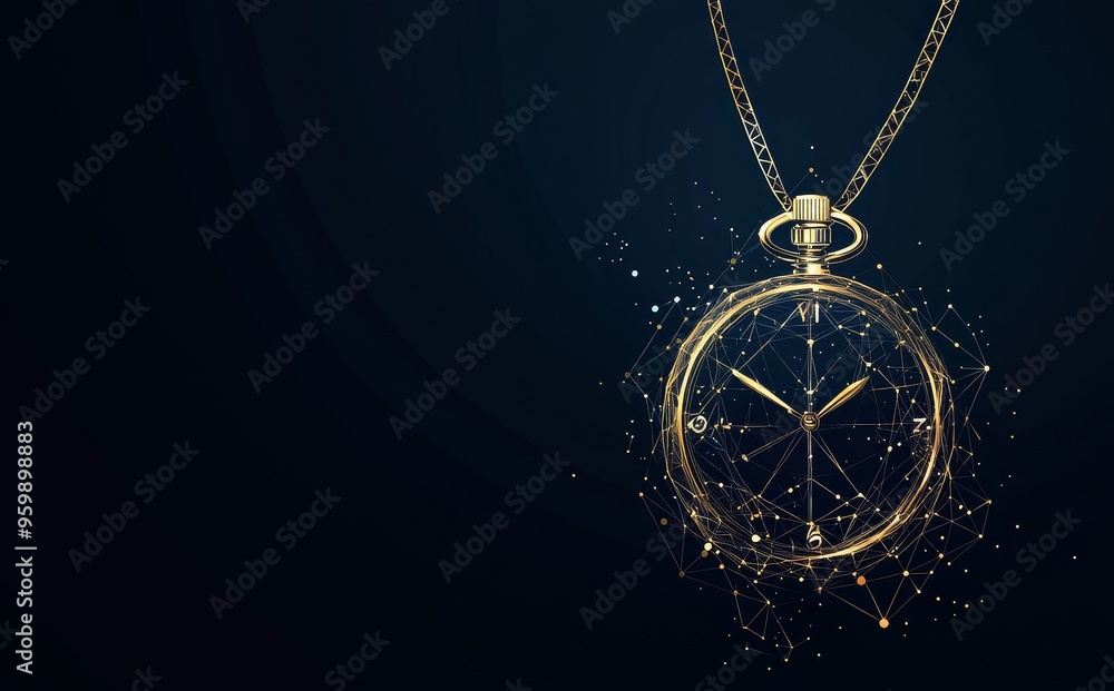 Poster modern clock with lines and triangles on a blue background.