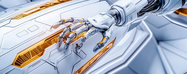 AI-controlled robotic arm assembling a spacecraft, sleek design, cold metallic colors, Sci-Fi, High contrast