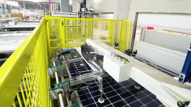 Automated solar panels being moved by robot arms on conveyor belts during high tech production process in renewable energy factory, Photovoltaic cells being placed on assembly lines.