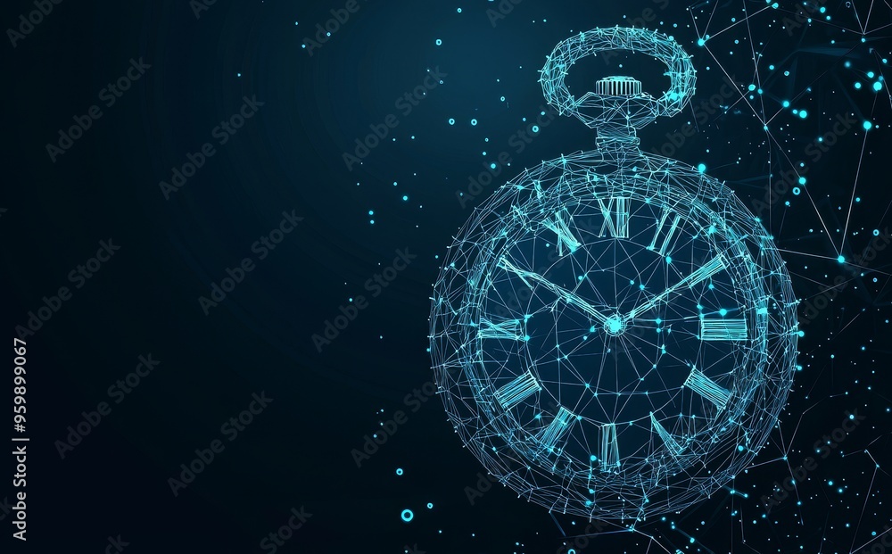 Poster an illustration of a modern clock on a blue background with lines and triangles connected by points.