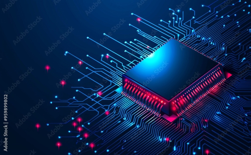 Poster in this design, processor chips are represented by lines, triangles, and particle shapes.