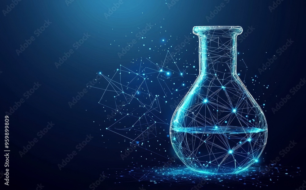 Poster graphed lines, triangles, and particles on a modern laboratory flask.