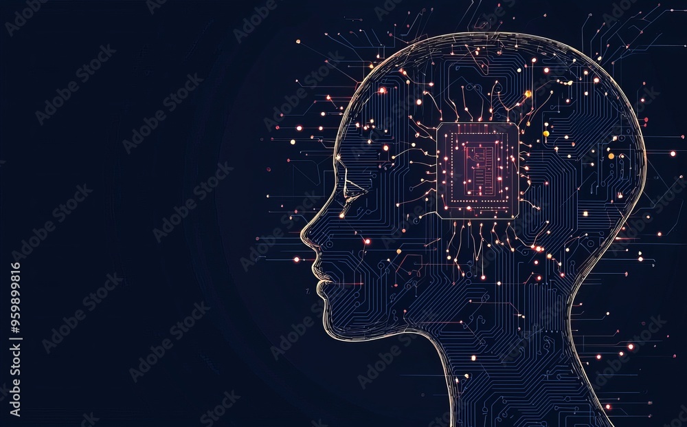 Poster design of a head and computer chip with triangles and particles. illustration of a modern design.