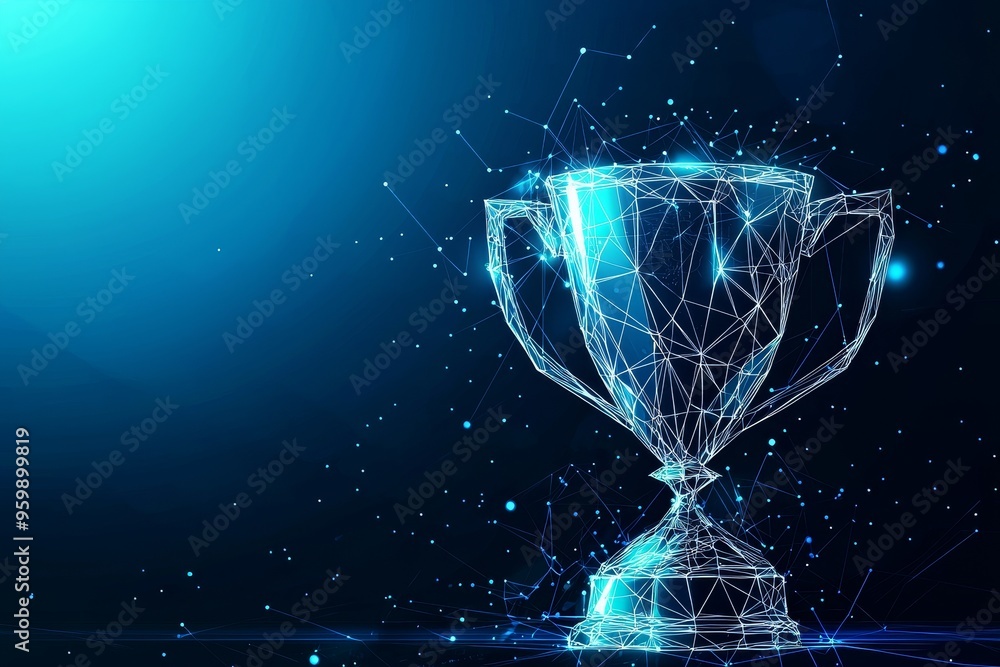 Poster an abstract design winner's cup with a logo isolated from a low poly wireframe. modern abstract poly