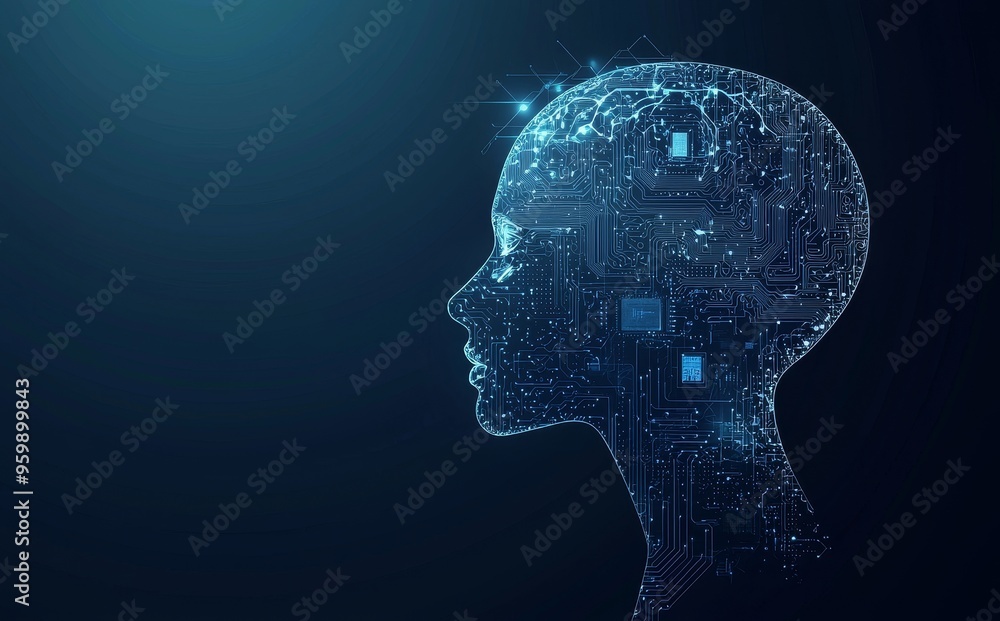 Poster illustration of computer chip and head forming lines, triangles and particles.