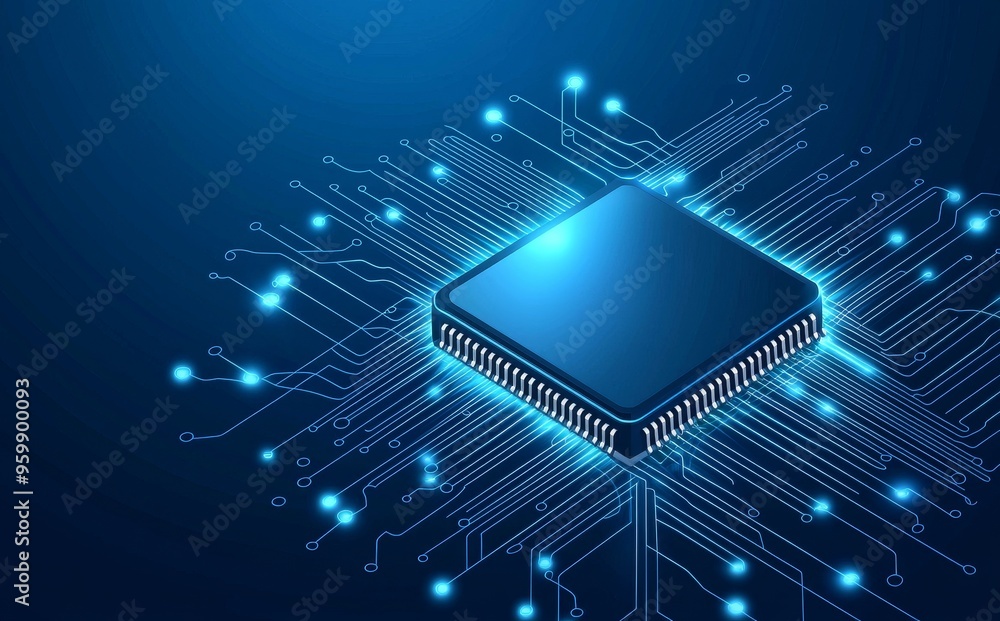 Poster modern illustration with lines, triangles and particles. a processor chip with lines, triangles, and
