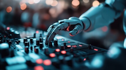 A robotic hand intricately operating a DJ console with glowing buttons in a dimly lit environment,...