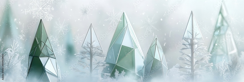 Poster Geometric Christmas trees with triangular shapes rise from a snowy forest, creating a magical winter atmosphere. Generative AI