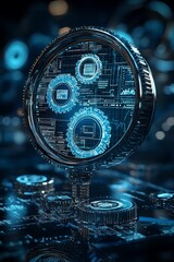 A 3D abstract search engine icon with floating gears, symbolizing the mechanics behind digital search